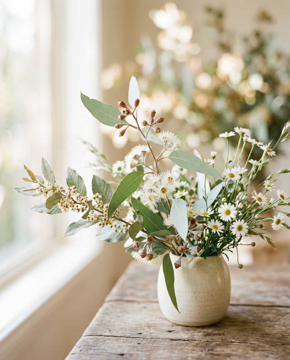 Australian native eucalyptus blossom and white daisies in soft morning light