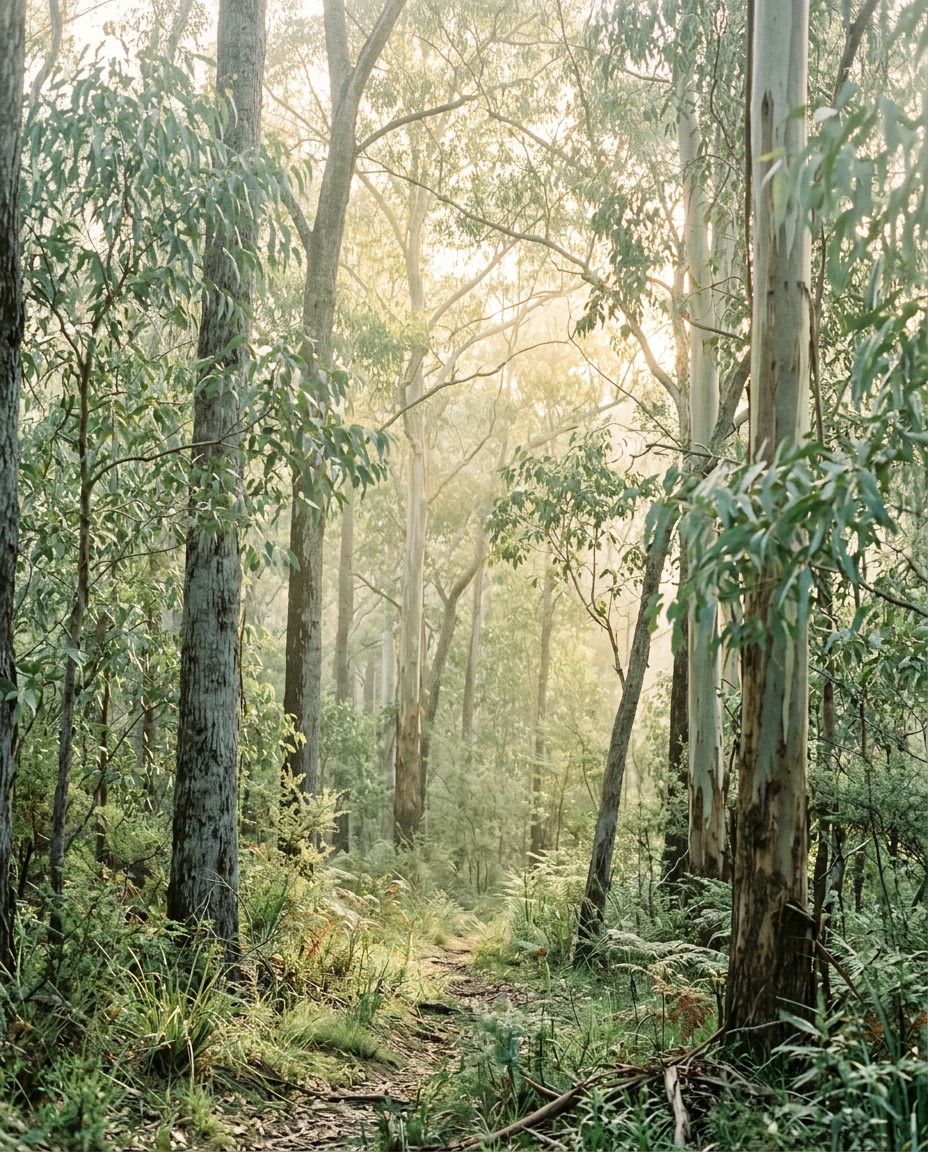 Tranquil Australian eucalyptus forest with soft morning light